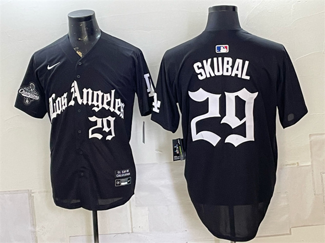 Men's Los Angeles Dodgers #29 Tarik Skubal Black LA Gothic Style 2025 World Series Champions Patch Limited Stitched Baseball Jersey